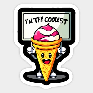 A cartoon ice cream cone holding a sign that says "I'm the Coolest." Funny Sticker